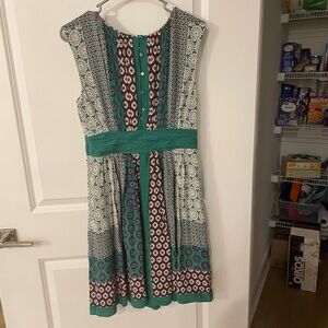 Boden Teal and Cream , brown and green Patterned Midi Dress